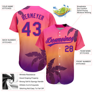 Custom Hot Pink Purple 3D Pattern Design Hawaii Palm Trees Authentic Baseball Jersey