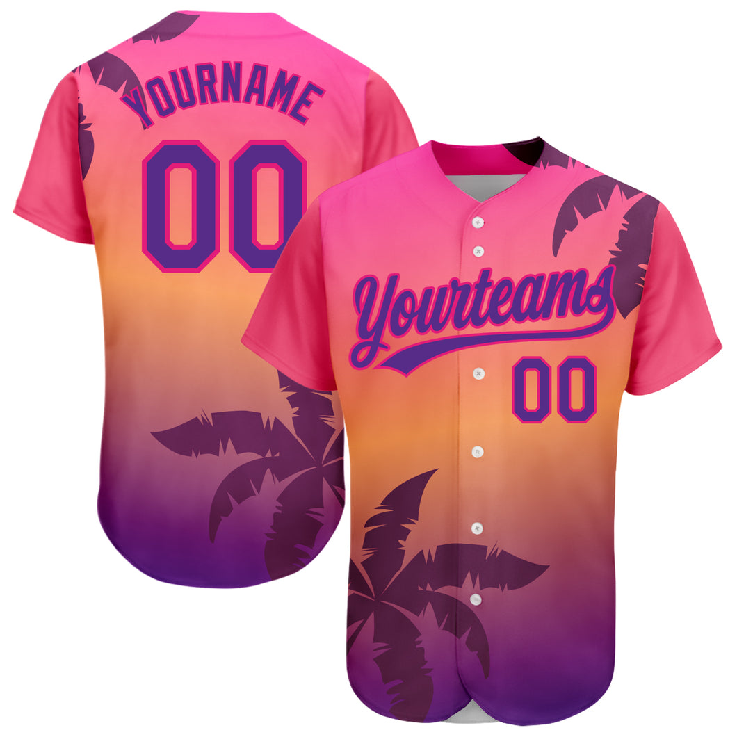 Custom Hot Pink Purple 3D Pattern Design Hawaii Palm Trees Authentic Baseball Jersey