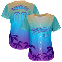 Load image into Gallery viewer, Custom Sky Blue Purple 3D Pattern Design Hawaii Palm Trees Authentic Baseball Jersey
