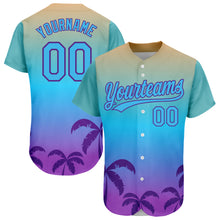 Laden Sie das Bild in den Galerie-Viewer, Custom Sky Blue Purple 3D Pattern Design Hawaii Palm Trees Authentic Baseball Jersey
