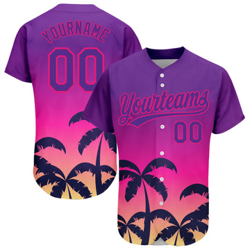 Custom Purple Hot Pink 3D Pattern Design Hawaii Palm Trees Authentic Baseball Jersey