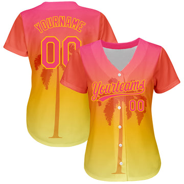 Custom Neon Pink Yellow 3D Pattern Design Hawaii Palm Trees Authentic Baseball Jersey