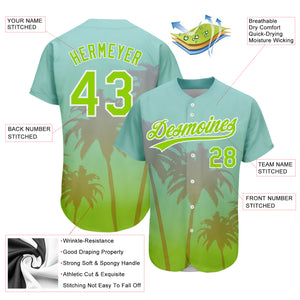 Custom Aqua Neon Green-White 3D Pattern Design Hawaii Palm Trees Authentic Baseball Jersey