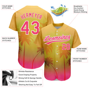 Custom Gold Neon Pink-White 3D Pattern Design Hawaii Palm Trees Authentic Baseball Jersey