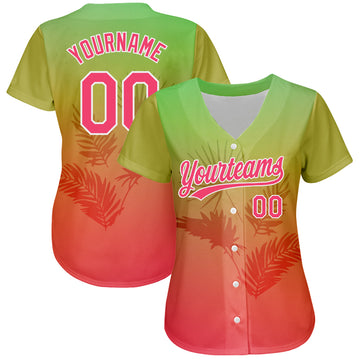 Custom Neon Green Neon Pink-White 3D Pattern Design Hawaii Palm Leaves Authentic Baseball Jersey