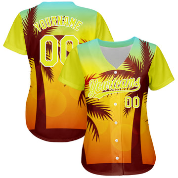 Custom Gold Neon Yellow-White 3D Pattern Design Hawaii Palm Trees Authentic Baseball Jersey