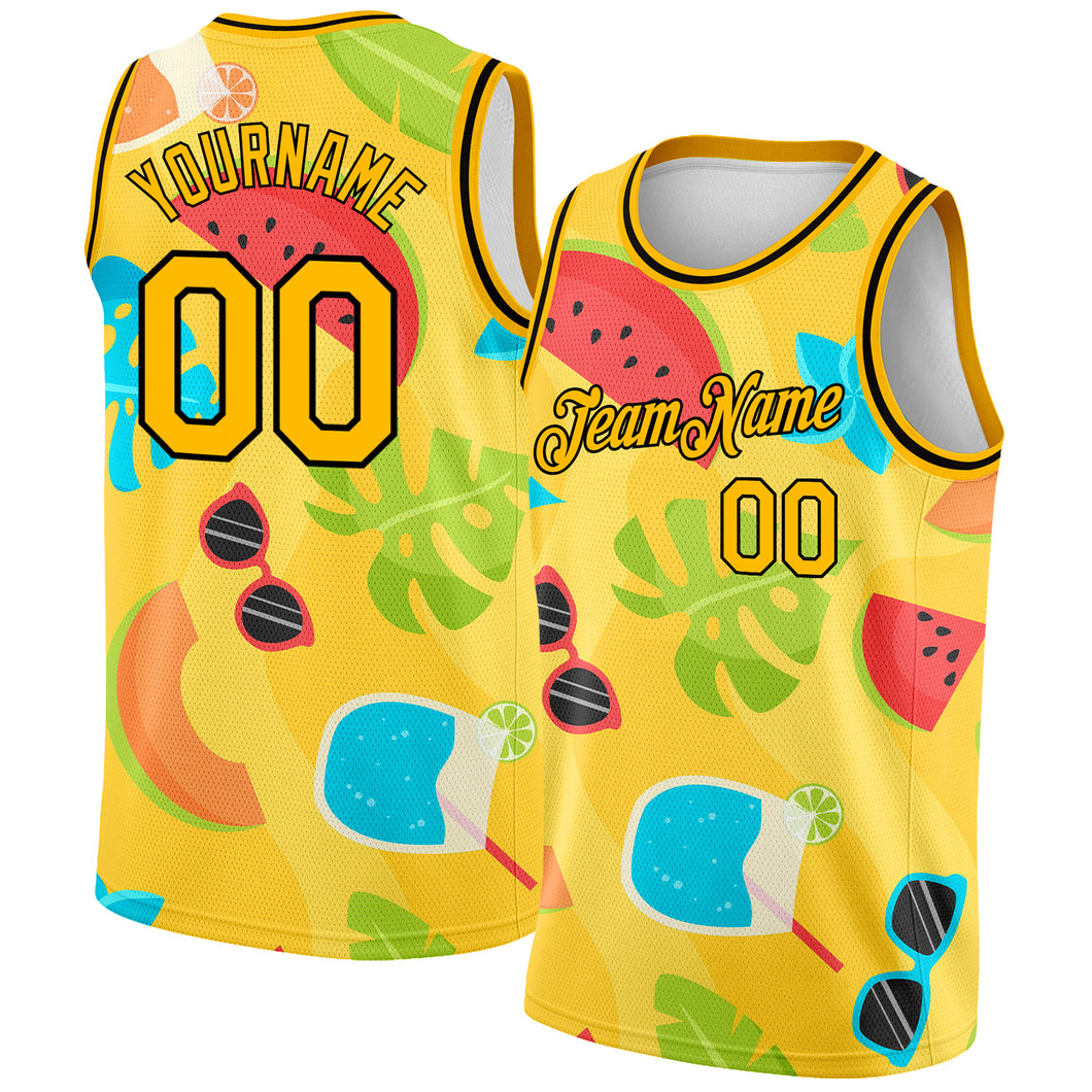 Custom Gold Black 3D Pattern Summer Hawaii Beach Holiday Authentic Basketball Jersey