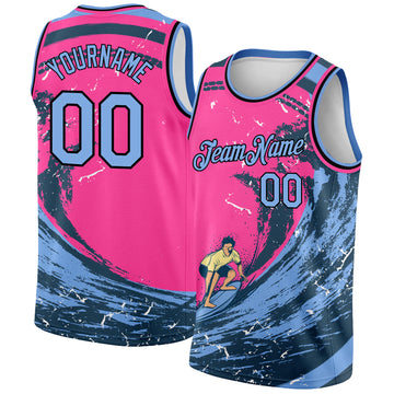 Custom Pink Light Blue-Black 3D Pattern Summer Beach Surfing Authentic Basketball Jersey