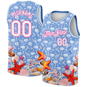 Custom Light Blue White-Pink 3D Pattern Hawaii Palm Trees And Starfishes Authentic Basketball Jersey