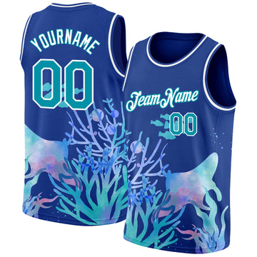 Custom Royal Aqua-White 3D Pattern Design Ocean World Authentic Basketball Jersey