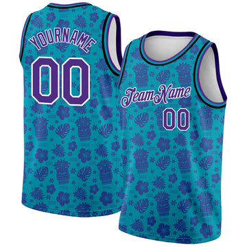 Custom Teal Purple-White 3D Pattern Hawaii Palm Trees Authentic Basketball Jersey