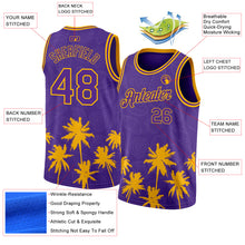 Load image into Gallery viewer, Custom Purple Gold 3D Pattern Hawaii Palm Trees Authentic Basketball Jersey
