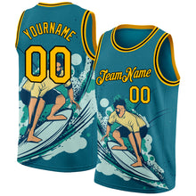 Load image into Gallery viewer, Custom Teal Gold-Black 3D Pattern Beach Surfing Authentic Basketball Jersey
