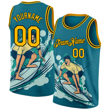 Custom Teal Gold-Black 3D Pattern Beach Surfing Authentic Basketball Jersey