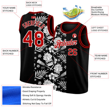 Custom Black Red-White 3D Pattern Hawaii Palm Leaves Authentic Basketball Jersey