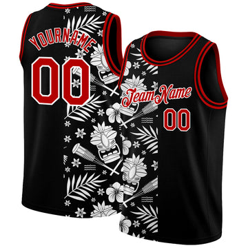 Custom Black Red-White 3D Pattern Hawaii Palm Leaves Authentic Basketball Jersey