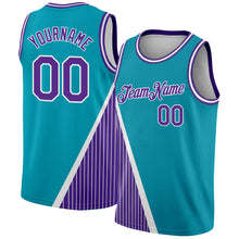 Laden Sie das Bild in den Galerie-Viewer, Custom Teal Purple-White Triangle Pinstripes Authentic City Edition Basketball Jersey
