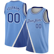Laden Sie das Bild in den Galerie-Viewer, Custom Light Blue Royal-White Triangle Pinstripes Authentic City Edition Basketball Jersey

