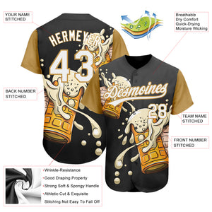 Custom Black White-Old Gold 3D Pattern Design Beer Festival Authentic Baseball Jersey