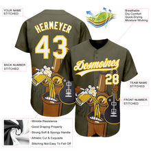 Load image into Gallery viewer, Custom Olive White-Yellow 3D Pattern Design Beer And Music Authentic Baseball Jersey
