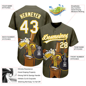 Custom Olive White-Yellow 3D Pattern Design Beer And Music Authentic Baseball Jersey