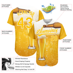 Custom Yellow White 3D Pattern Design Beer Authentic Baseball Jersey