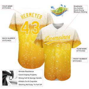 Custom Yellow White 3D Pattern Design Beer Authentic Baseball Jersey