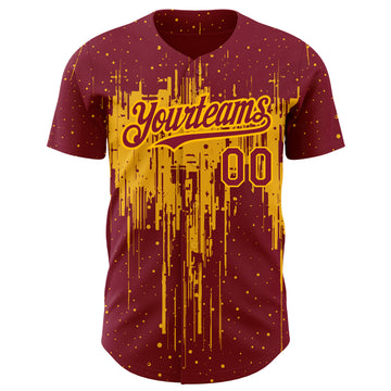 Custom Crimson Gold 3D Pattern Design Dripping Splatter Art Authentic Baseball Jersey