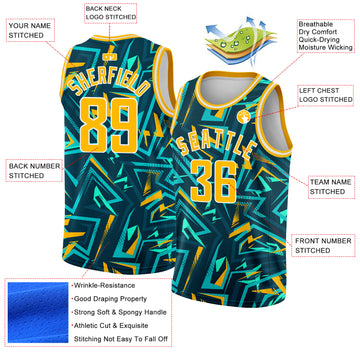 Custom Green Gold-White 3D Pattern Design Abstract Grunge Art Authentic Basketball Jersey