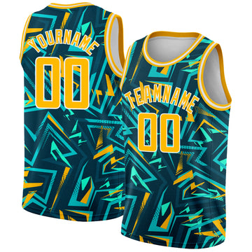 Custom Green Gold-White 3D Pattern Design Abstract Grunge Art Authentic Basketball Jersey