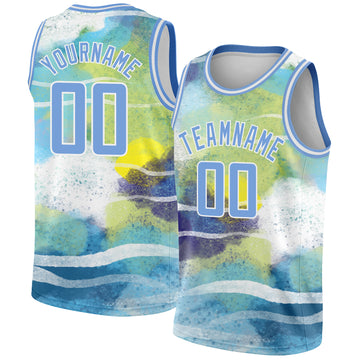 Custom White Light Blue 3D Pattern Design Abstract Landscape Watercolor Style Authentic Basketball Jersey