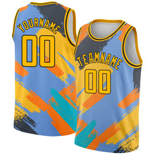 Load image into Gallery viewer, Custom Light Blue Gold-Black 3D Pattern Design Abstract Brush Stroke Shapes Authentic Basketball Jersey
