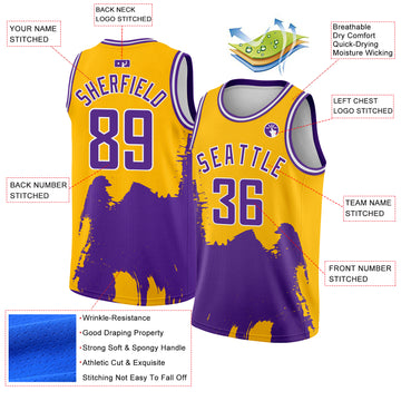 Custom Gold Purple-White 3D Pattern Design Abstract Grunge Halftone Art Authentic Basketball Jersey