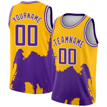 Custom Gold Purple-White 3D Pattern Design Abstract Grunge Halftone Art Authentic Basketball Jersey