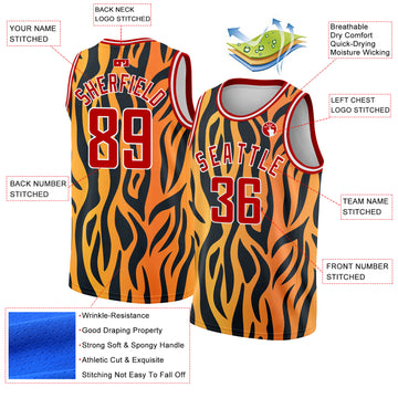 Custom Gold Red-Black 3D Pattern Design Tiger Prints Authentic Basketball Jersey