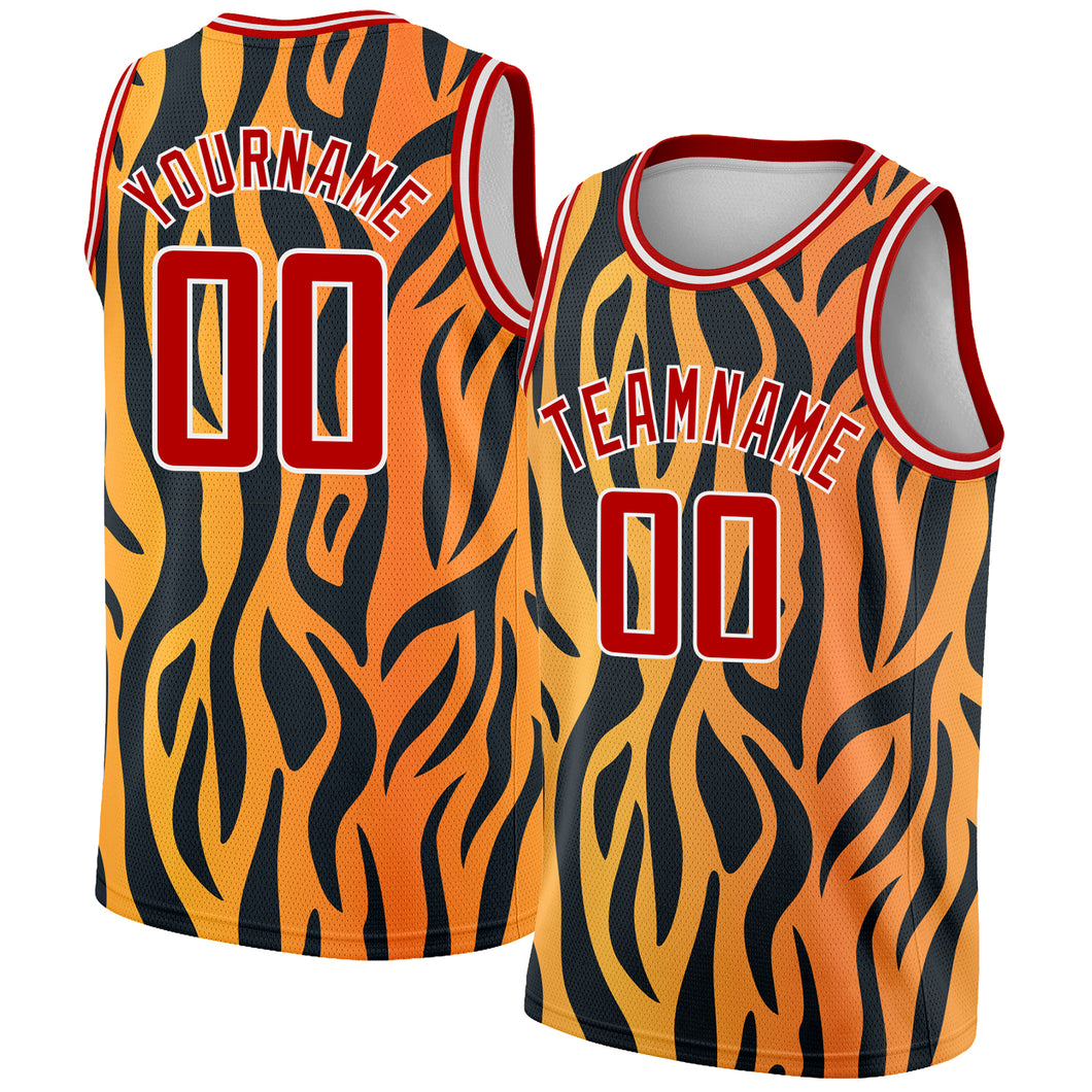 Custom Gold Red-Black 3D Pattern Design Tiger Prints Authentic Basketball Jersey