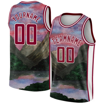 Custom White Maroon 3D Pattern Design Natural Landscape Watercolor Style Authentic Basketball Jersey