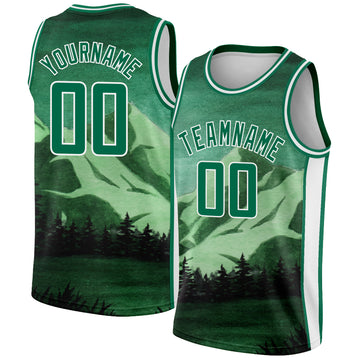 Custom Kelly Green White 3D Pattern Design Natural Landscape Watercolor Style Authentic Basketball Jersey