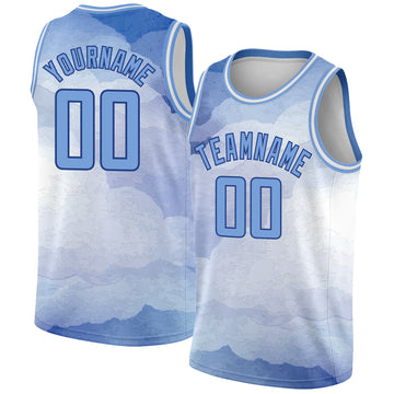 Custom White Light Blue-Royal 3D Pattern Design Sky With Clouds Watercolor Style Authentic Basketball Jersey
