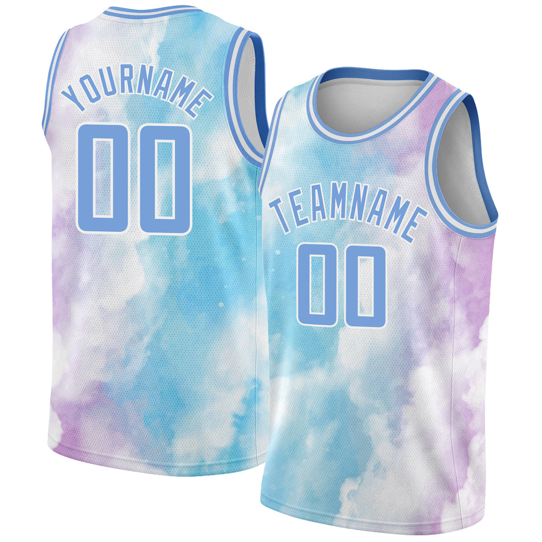 Custom White Light Blue-Purple 3D Pattern Design Sky With Clouds Watercolor Style Authentic Basketball Jersey