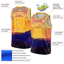 Load image into Gallery viewer, Custom Gold White 3D Pattern Design Landscape At Sunset Watercolor Style Authentic Basketball Jersey
