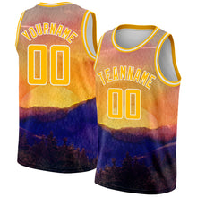 Load image into Gallery viewer, Custom Gold White 3D Pattern Design Landscape At Sunset Watercolor Style Authentic Basketball Jersey
