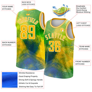 Custom Neon Green Gold-White 3D Pattern Design Abstract Psychedelic Liquid Authentic Basketball Jersey