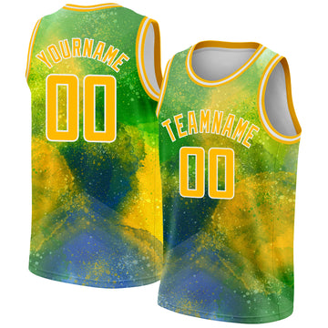 Custom Neon Green Gold-White 3D Pattern Design Abstract Psychedelic Liquid Authentic Basketball Jersey