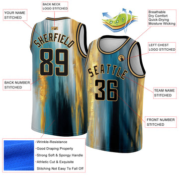 Custom Old Gold Black 3D Pattern Design Gold Foil Authentic Basketball Jersey