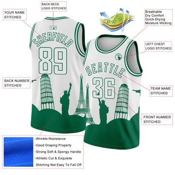 Custom White Kelly Green Holiday Travel Monuments Silhouette Authentic City Edition Basketball Jersey