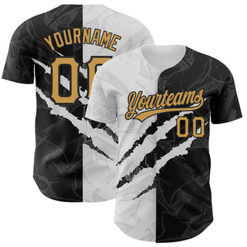 Custom Graffiti Pattern Old Gold-Black 3D Scratch Authentic Baseball Jersey