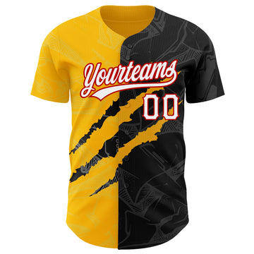 Custom Graffiti Pattern Black Gold-Red 3D Scratch Authentic Baseball Jersey