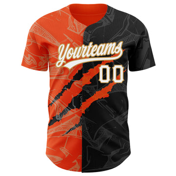 Custom Graffiti Pattern Black Orange-Old Gold 3D Scratch Authentic Baseball Jersey