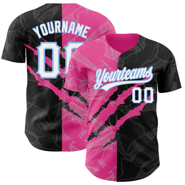 Custom Graffiti Pattern Black Pink-Light Blue 3D Scratch Authentic Baseball Jersey